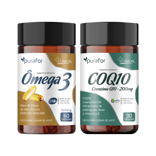 Combo Ômega 3 IFOS + Coenzima Q10 200mg | Coração, Cérebro e Energia | Certificado IFOS | Purafor